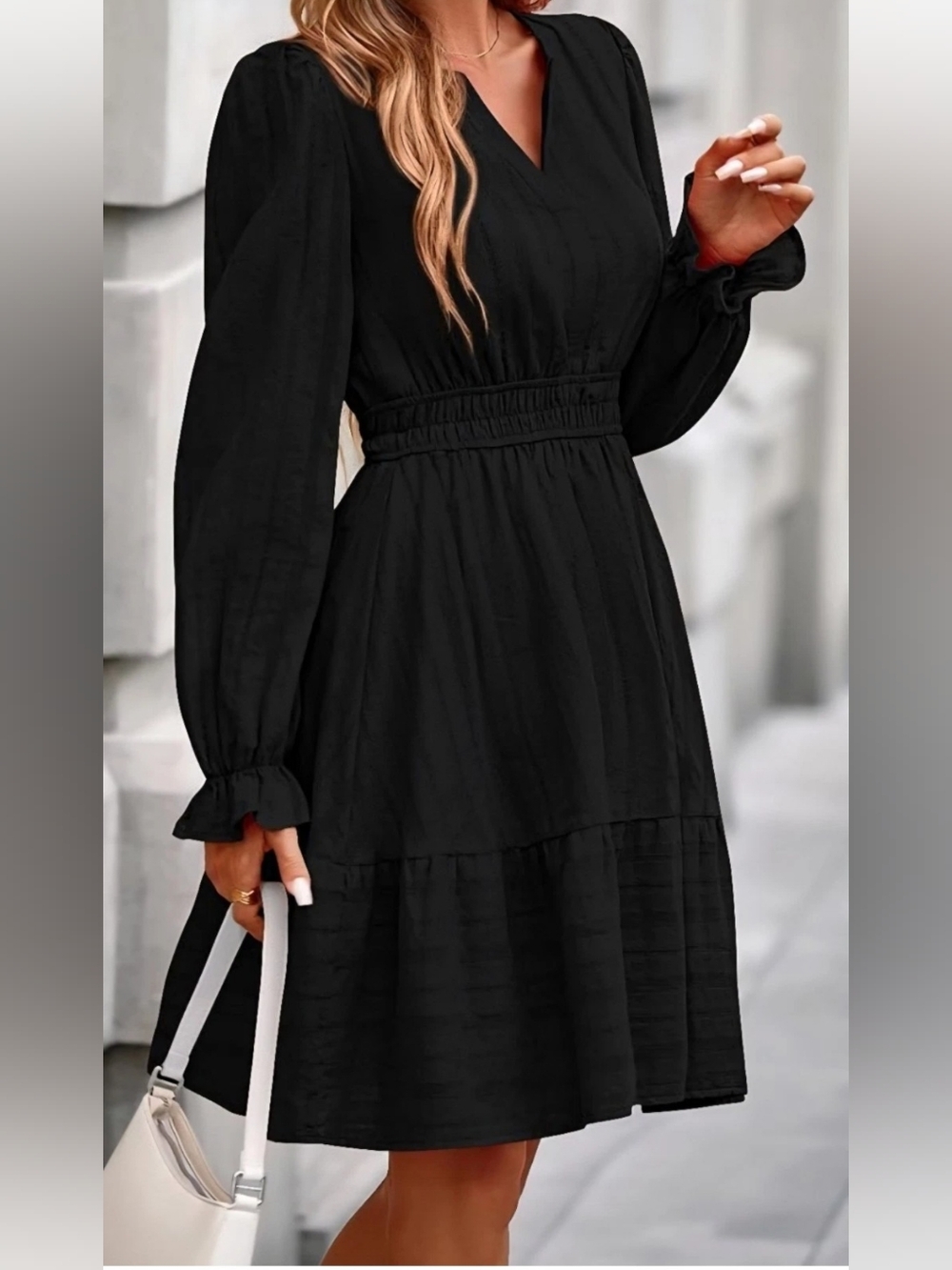 BTFBM V-Neck Long Sleeve High Waist Smocked Tiered Midi Dress Sz M Pockets Fall